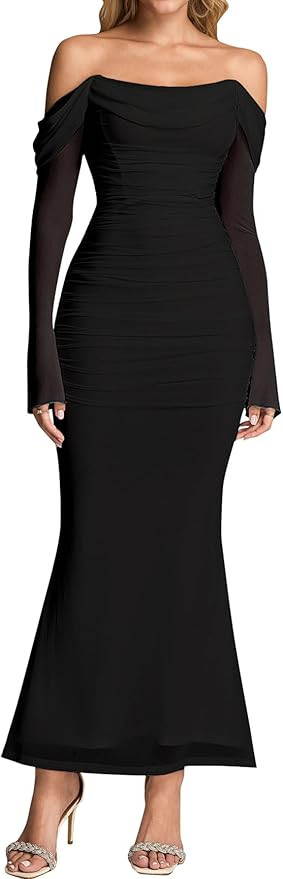 KUTUMAI Off Shoulder Long Sleeve Maxi Dress Corset Bodycon Ruched Cocktail Formal Wedding Guest D... | Amazon (US)