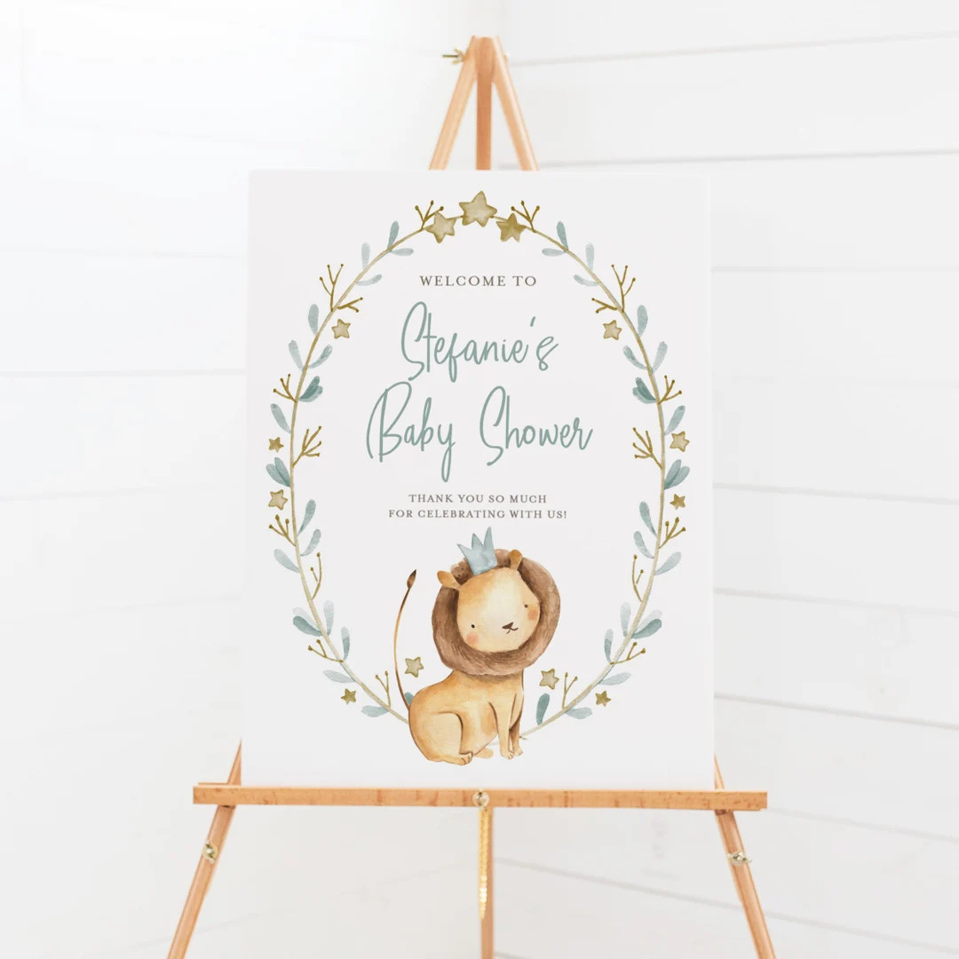 Printable Lion Baby Shower Welcome Sign Template, Watercolor Lion Prince Greenery Safari Baby Sho... | Etsy (US)