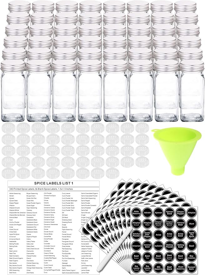 SWOMMOLY 48 Glass Spice Jars with 396 Spice Labels, Chalk Marker and Funnel Complete Set. 48 Squa... | Amazon (US)