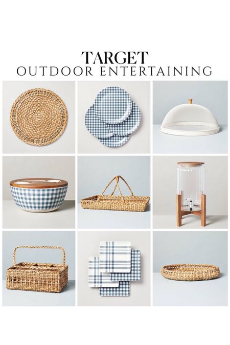New summer entertaining finds from Target ☀️ outdoor entertaining, blue and white decor, studio McGee threshold hearth and hand wicker harvest basket wicker flatware caddy woven trays drink dispenser melamine plates food cover summer backyard picnic patio magnolia 

#LTKunder50 #LTKhome #LTKsalealert