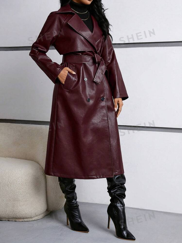 SHEIN Essnce Plus-Size Women's Long Leather Coats, Fashionable New Coats, Windproof Leather Coats... | SHEIN