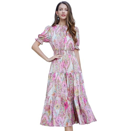 WDMYS Floral Print Short Sleeve Midi Dress - Round Neck, Pink Color, Summer Outfit for Women | Amazon (US)