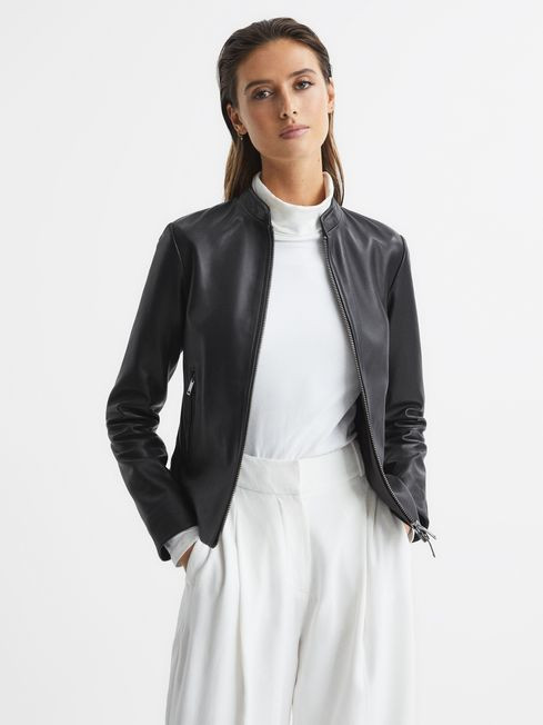 Reiss Black Allie Leather Collarless Biker Jacket | Reiss UK
