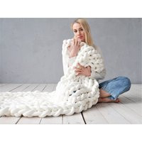 Chunky Knit Cotton Blanket Boho Home Decor Knitted Plush Throw Handmade Thick Big Stitch | Etsy (US)