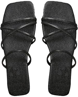 GORGLITTER PU Leather Flat Slip on Sandals Cross Strap Open Toe Summer Slide Sandals | Amazon (US)