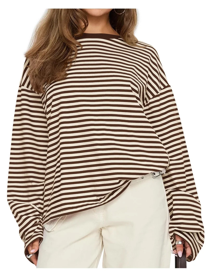 BTFBM Oversized Striped Long Sleeve T-Shirt for Women Crew Neck Loose Baggy Casual Basic Top Soft... | Walmart (US)