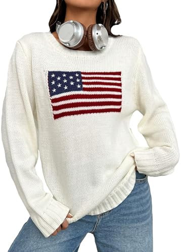 SweatyRocks Women's Flag Pattern Long Sleeve Round Neck Sweater Casual Loose Pullover Sweater | Amazon (US)