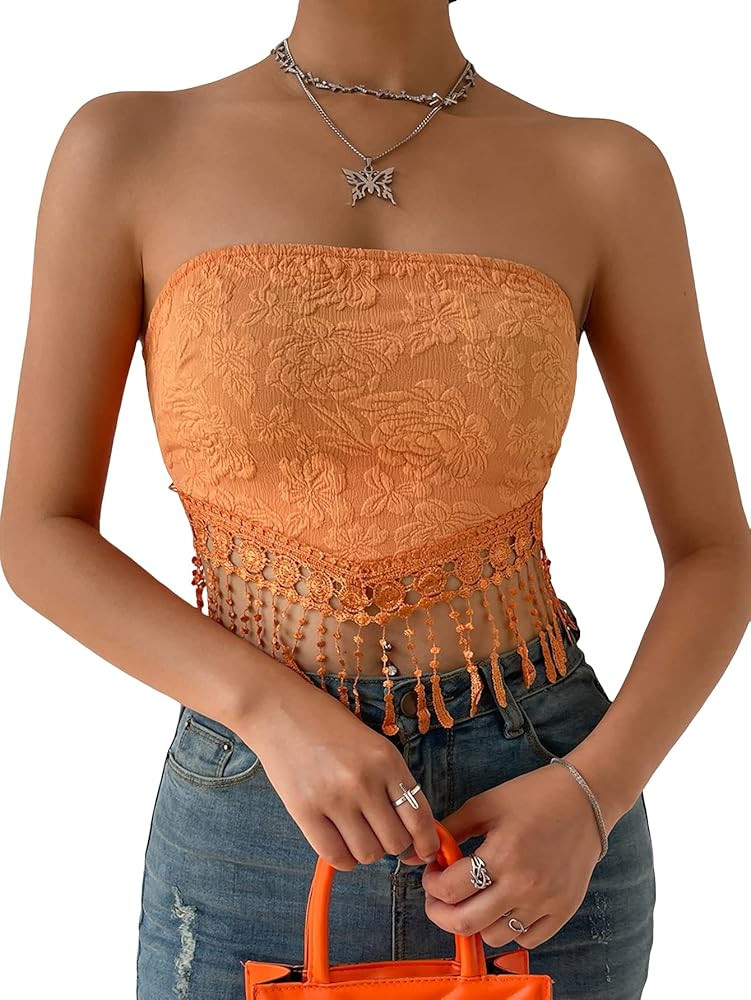 MakeMeChic Women's Boho Crop Tube Top Floral Tie Back Cute Bandana Tops | Amazon (US)