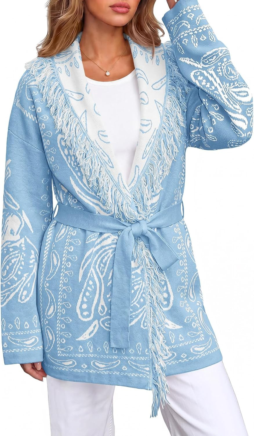 Saodimallsu Womens Fall Tassel Shawl Collar Cardigan Paisley Wrap Sweaters | Amazon (US)