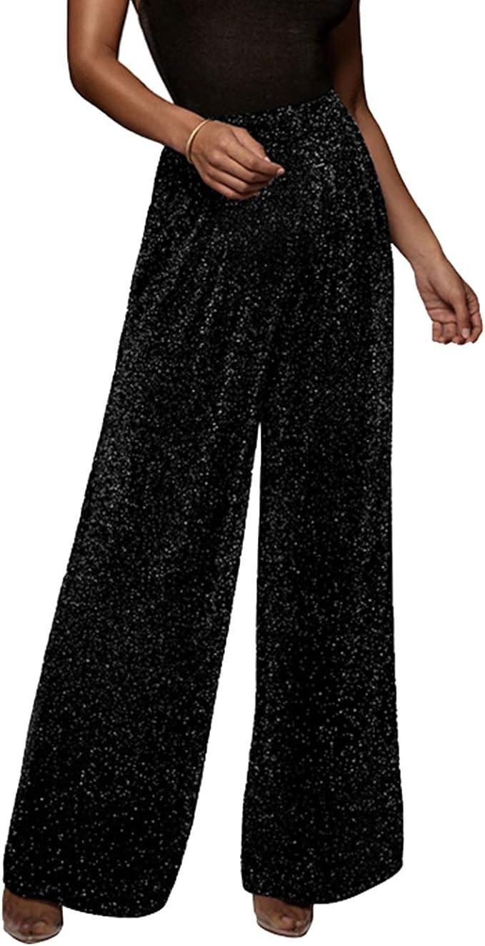 GUOLEZEEV Women High Elastic Waist Wide Leg Palazzo Pants Casual Loose Long Pant Trouser | Amazon (US)
