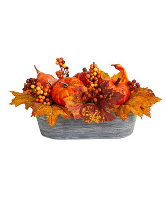 12" Fall Pumpkin and Berries Autumn Harvest Artificial Arrangement in Washed Vase | Macy's