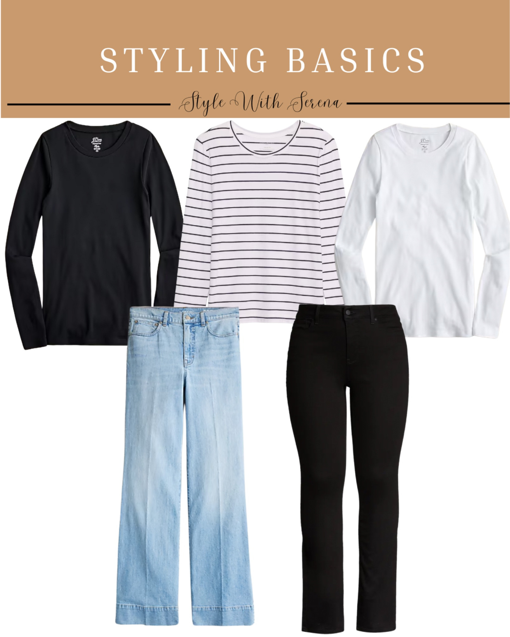 Styling basics, basics, closet staples, jeans, denim, black tee, white tee, long sleeve tee 

#LTKOver40 #LTKSeasonal #LTKStyleTip