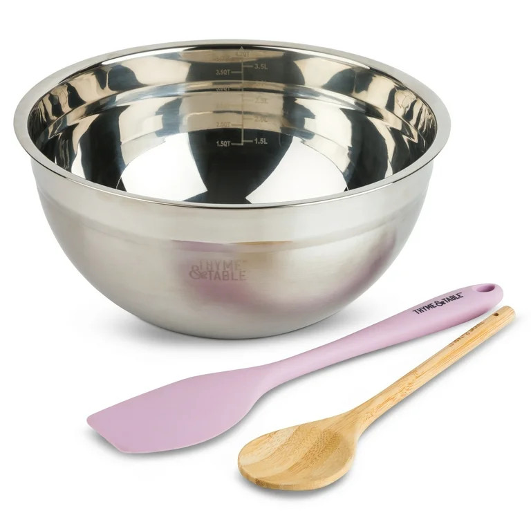 Thyme & Table Stainless Steel Mixing Bowl with Silicone Spatula & Wood Spoon, 3 Piece Set, Lavend... | Walmart (US)