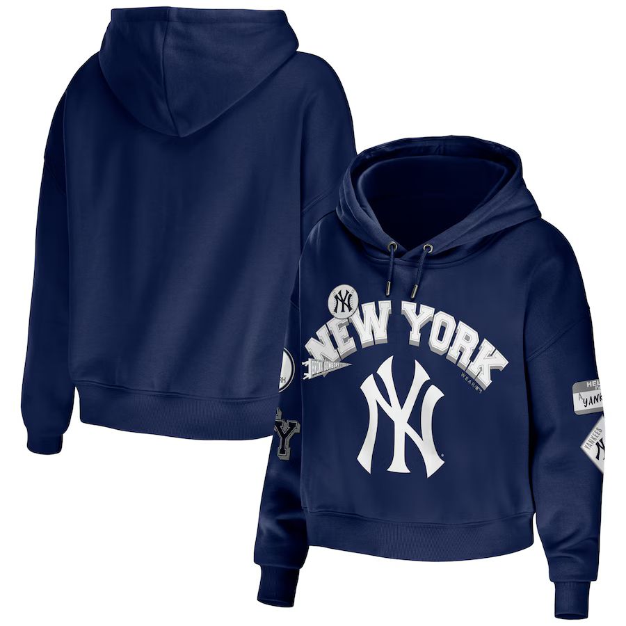 Women's New York Yankees WEAR by Erin Andrews Navy Plus Size Patches Cropped Pullover Hoodie | MLB Shop