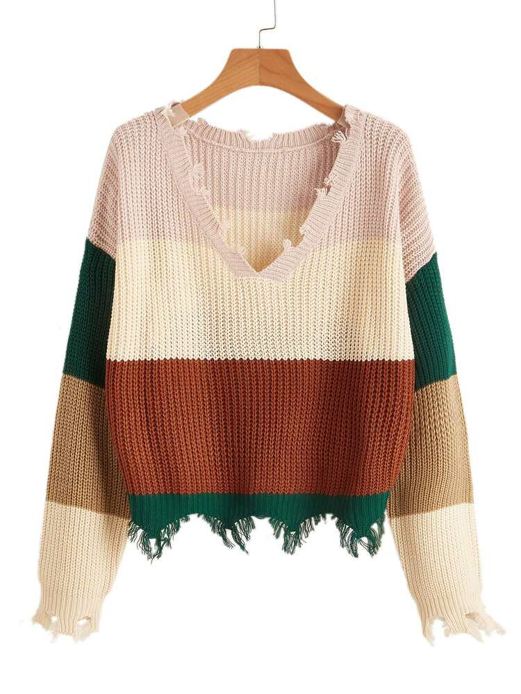 Drop Shoulder Colorblock Distressed Hem Sweater | SHEIN