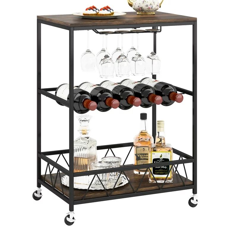 Bar Carts Mobile Wine Cart on Wheels with Wine Rack and Glass Holder 3 Tier Serving Cart Kitchen ... | Walmart (US)