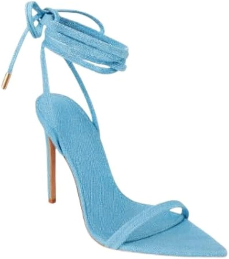 Liliana Women's Lace-Up Heels Sandals Strappy Pointed Toe Stiletto High Heel Sandals-Metallic Sho... | Amazon (US)