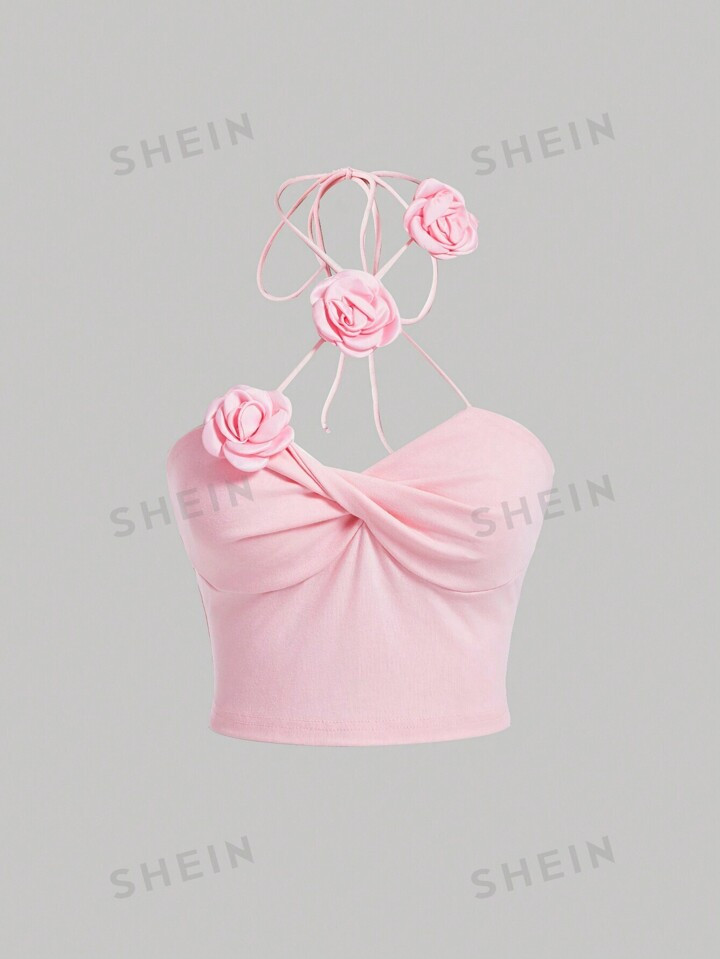 SHEIN MOD Women's Halter Top With 3d Flower Embellishment Floral Top4.91(1000+) | SHEIN