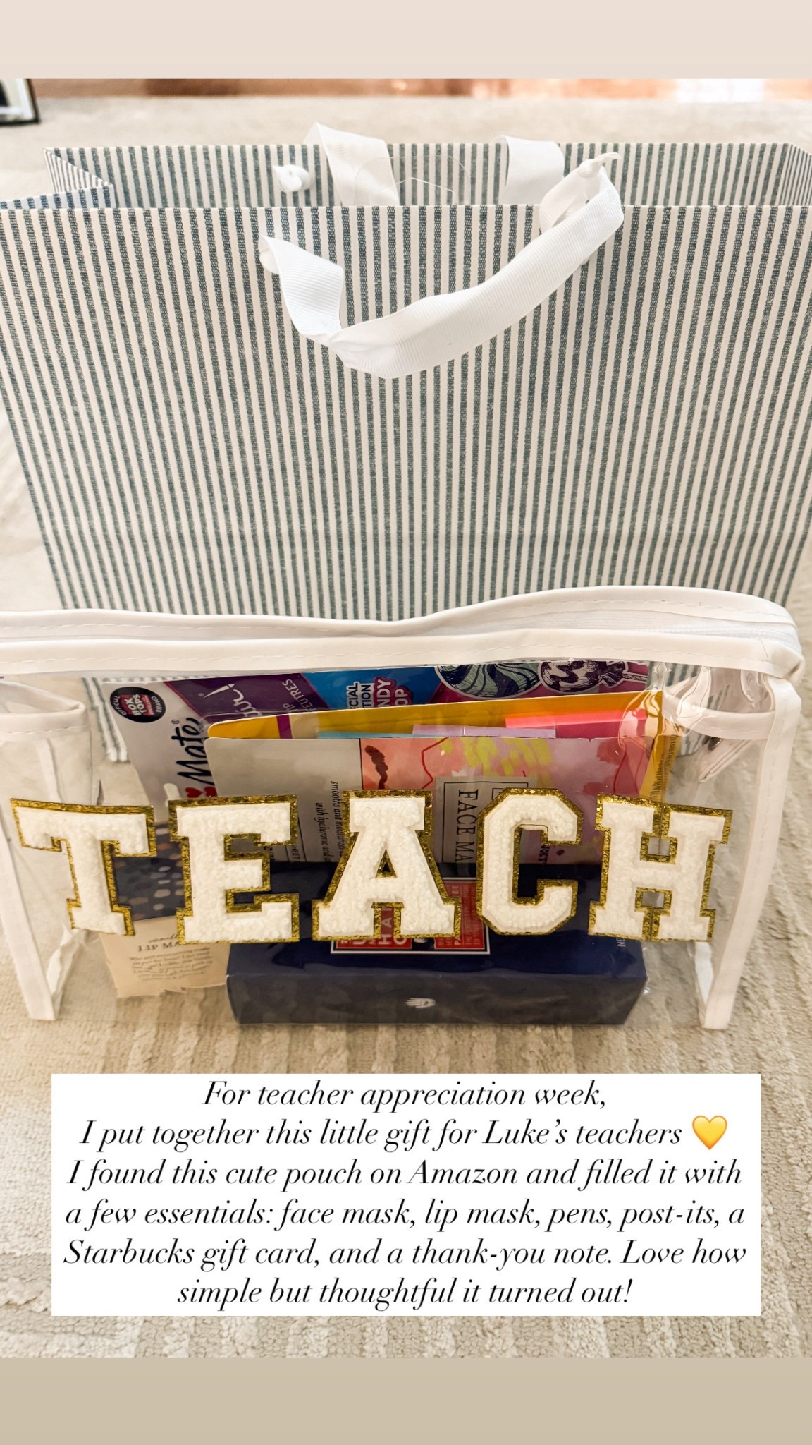 Teacher Appreciation Gift Idea 🍎✨
I put together this little gift bag using a cute Amazon pouch and filled it with thoughtful items: a face mask, lip mask, colorful pens, post-its, a Starbucks gift card, and a thank-you note.
Everything is linked here to help you create an easy and affordable teacher gift they’ll love!

#LTKSeasonal #LTKGiftGuide #LTKFamily