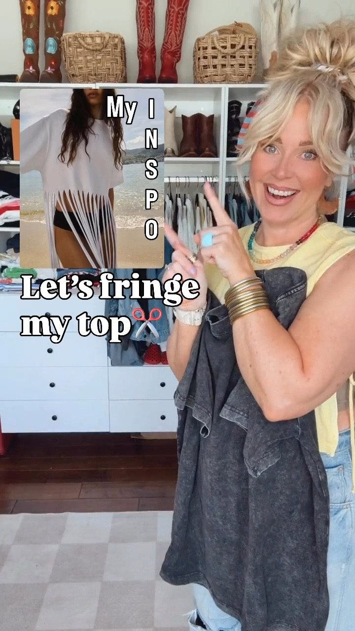 I saw this cute fringe top so thought I’d make me one like it. All you need is an oversized tee. This one I’m cutting is a pack of three tees and a size Large in men’s. 
Flare Jeans - true to size 
Boots - true to size 
Waist tie jeans - I sized down 2 sizes 
Crocs - sized down (I’m in between sizes)
🩵Turquoise jewelry is @threebirdnest save with code MANDIE20MAULDIN 
country concert outfit 

#LTKStyleTip #LTKOver40 #LTKFindsUnder50