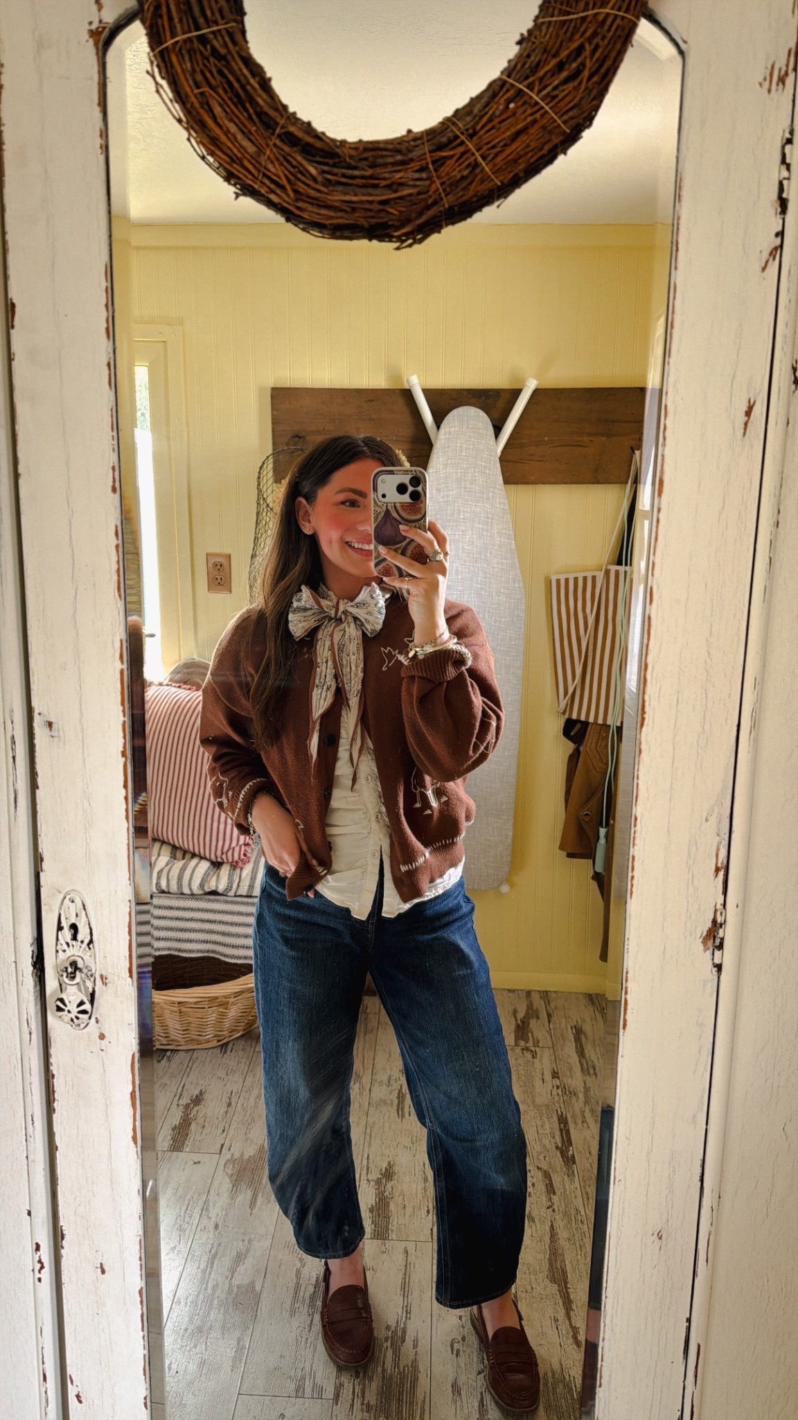 Fav denim barrel jeans from old navy wearing a size 0. Cutest white blouse from bohme. Target loafers and a fun cardigan with neck scarf  

#LTKgrwm #LTKootd #LTKPetite