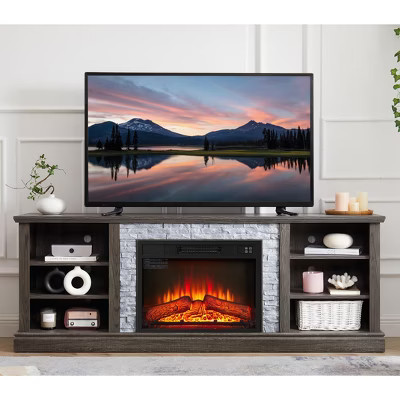 Lyngins 70" Fireplace TV Stand with Faux Stone Surround,Media Console Table with 23" Fireplace Insert,Entertainment Center for Living Room,Gray | Target
