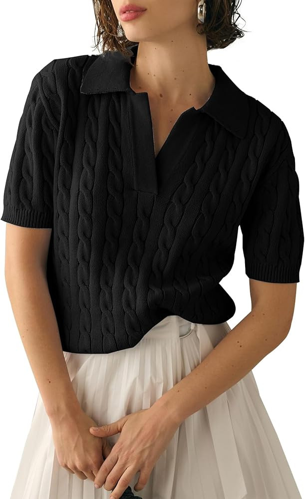 Imily Bela Women's Cable Short Sleeve Sweaters Tops Solid Lapel V Neck Knit Casual Soft Pullover ... | Amazon (US)