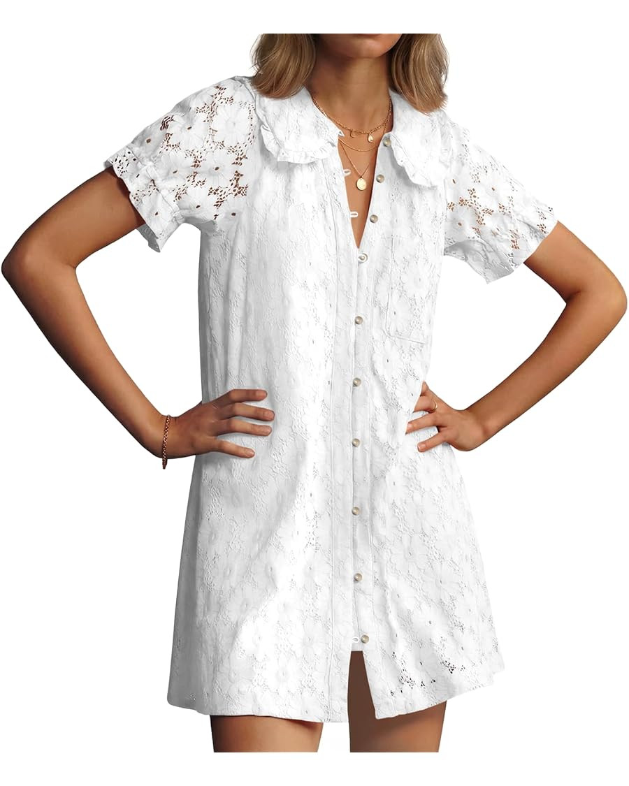Wenrine Womens Summer Lace Mini Dress Casual Short Sleeve Peter Pan Collar Button Down Beach Vaca... | Amazon (US)
