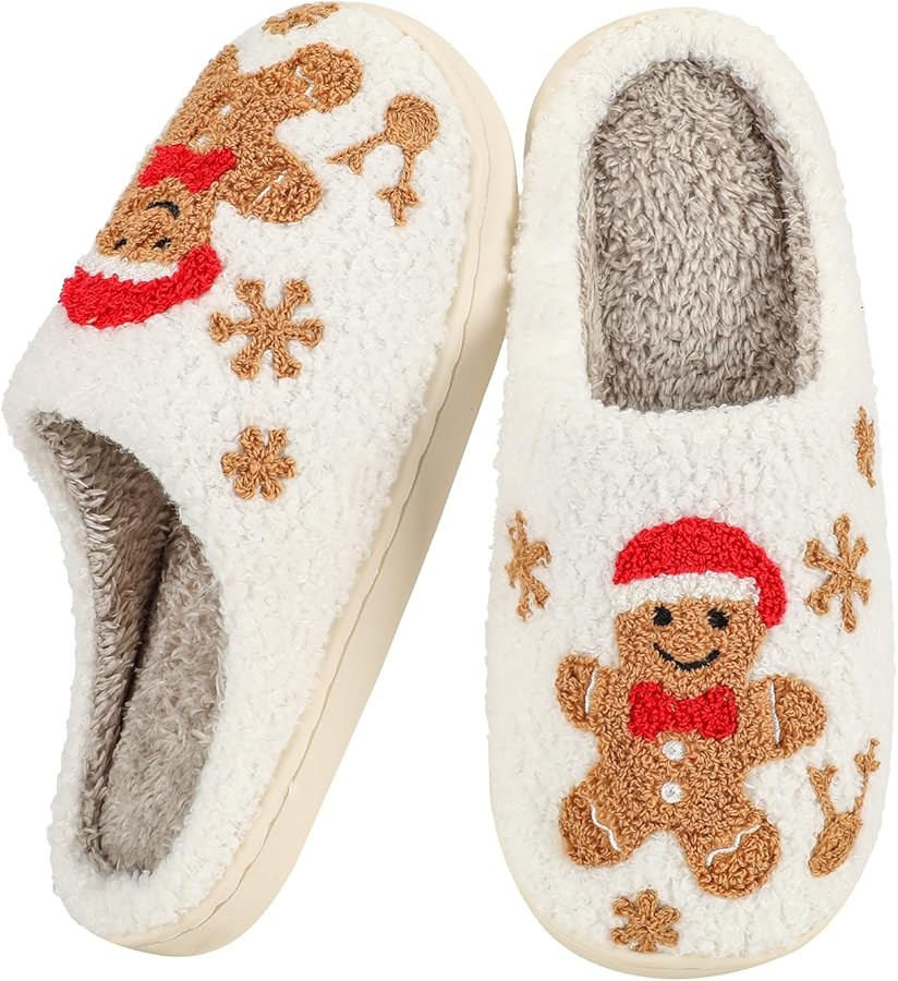 Christmas slippers Women Men Indoor Warm Plush Holiday Santa Cookie Slippers Fur Cozy Outdoor Sho... | Amazon (US)