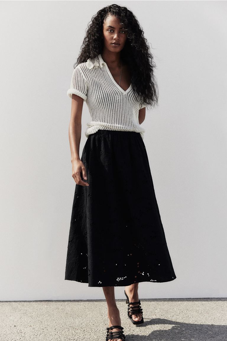 Skirt with Eyelet Embroidery - High waist - Midi - Black - Ladies | H&M US | H&M (US + CA)