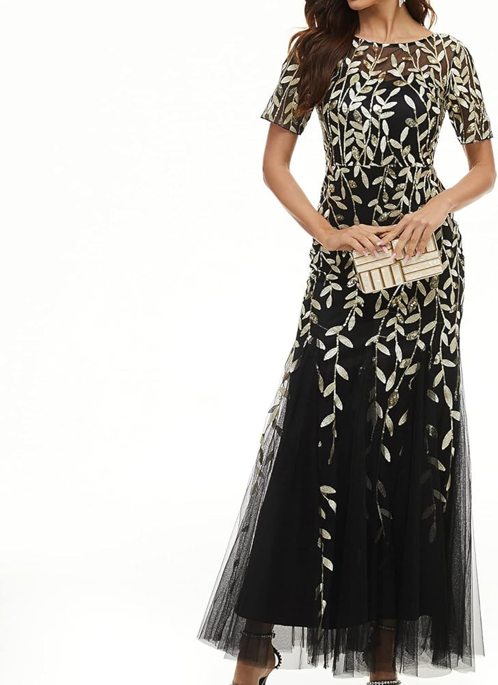 Women's Floor Length Sequin Dress Formal Sparkle Maxi Bateau Neck Short Sleeve Mermaid Evening Party Prom Wedding Guest Cocktail Glitter Tutu Long Gown Tulle Dress Black Gold 4 | Amazon (US)