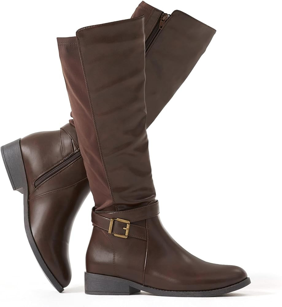 Putu Women's Knee High Riding Boots Flat Heel Tall Boots Round Toe Boots with Buckle Straps | Amazon (US)
