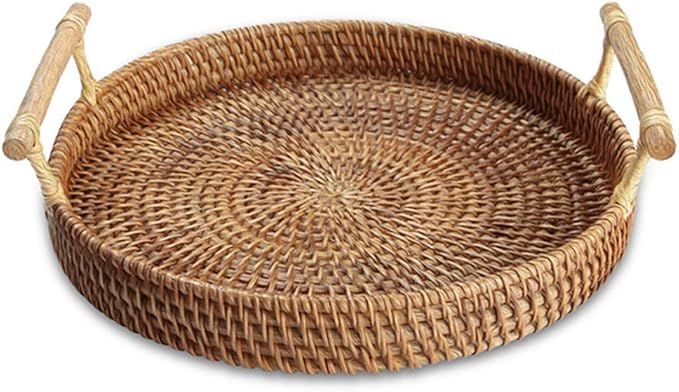 Handmade Rattan Round Woven Basket, Round Serving Tray with Handles, Food Serving Baskets, Basket... | Amazon (US)