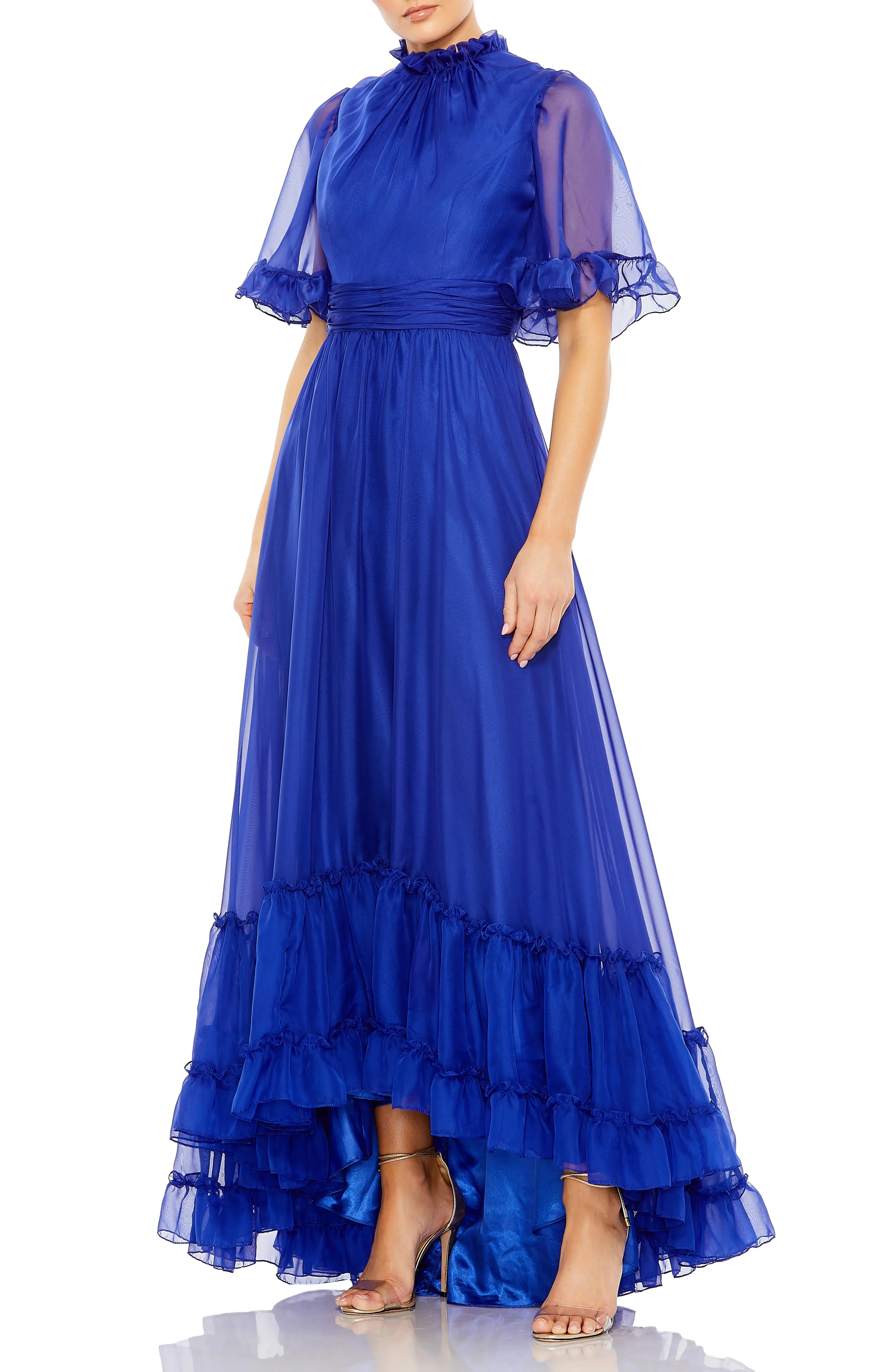Ruffled High Neck Flutter Sleeve High Low Hem Gown (Women) | Nordstrom | Nordstrom