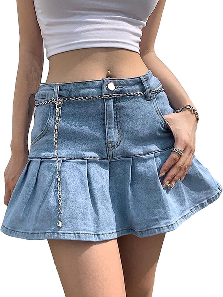 Yeokou Women's Casual Slim A-line Pleated Ruffle Short Mini Denim Skirts | Amazon (US)