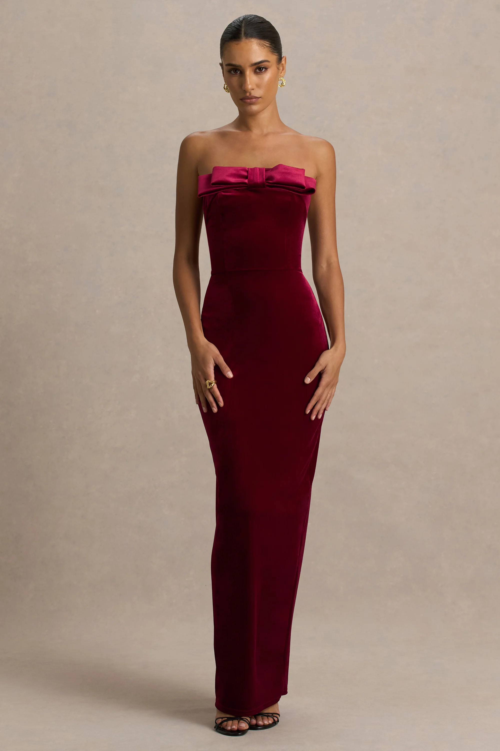 Illusion | Burgundy Velvet Bandeau Maxi Dress With Bow Detail | Club L London