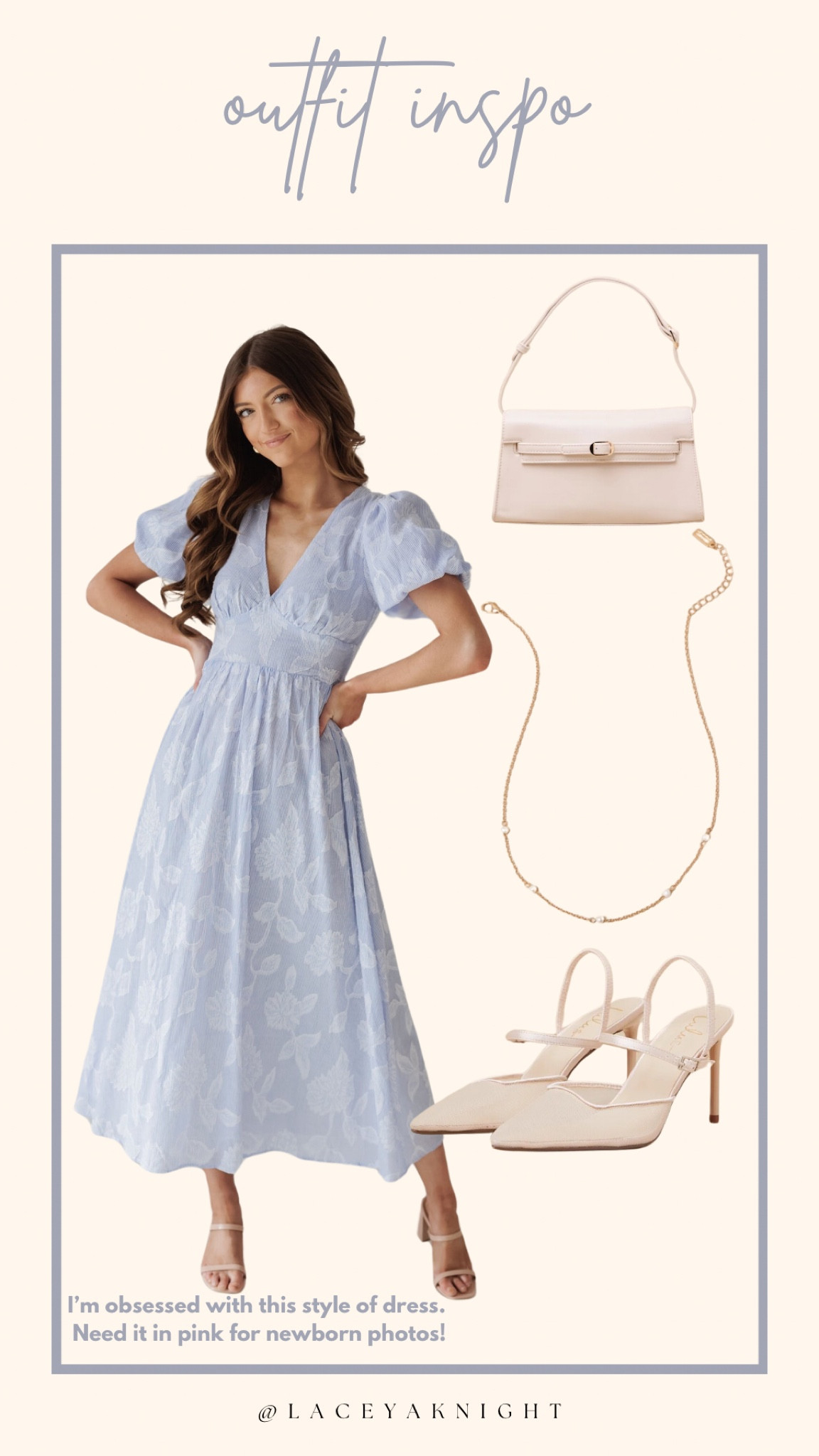 Love this style of dress! So flattering and feminine ✨ I also linked a few other new arrivals from that boutique. You can use code LACEY25 😘

Shower dress | newborn photos dress | blue dress | nude slingback heels | beige purse | nude purse | dainty jewelry 

#LTKSaleAlert #LTKStyleTip #LTKWedding