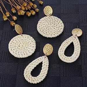 Rattan Earrings for Women Lightweight Geometric Statement Earrings Handmade Straw Wicker Braid Rh... | Amazon (US)