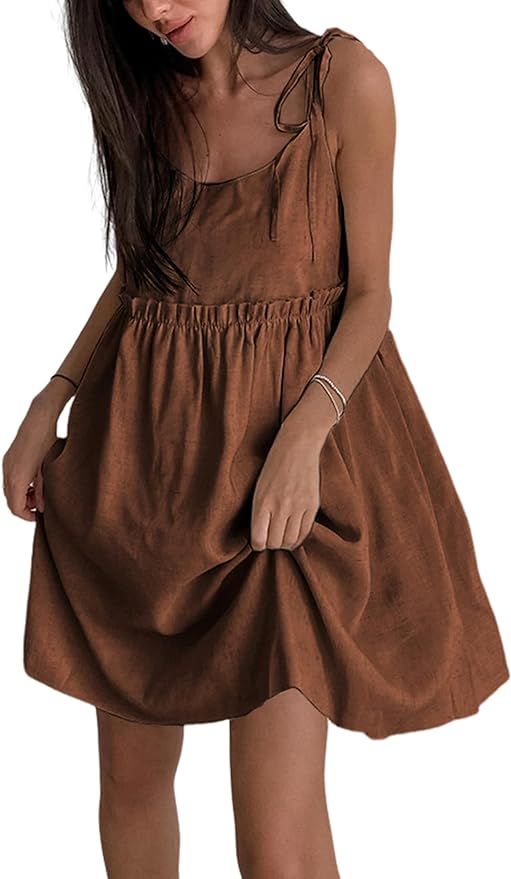 UANEO Summer Dresses for Women 2024 Cotton Linen Mini Sleeveless Tie Strap Dress Sundress | Amazon (US)