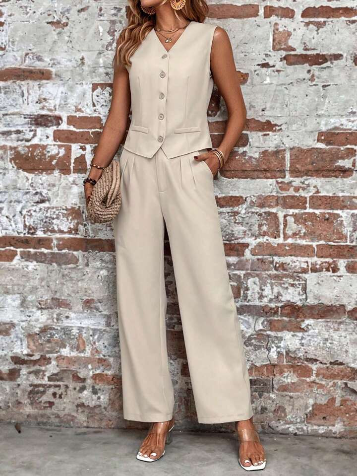 SHEIN LUNE Button Front Vest Blazer & Slant Pocket Pants | SHEIN