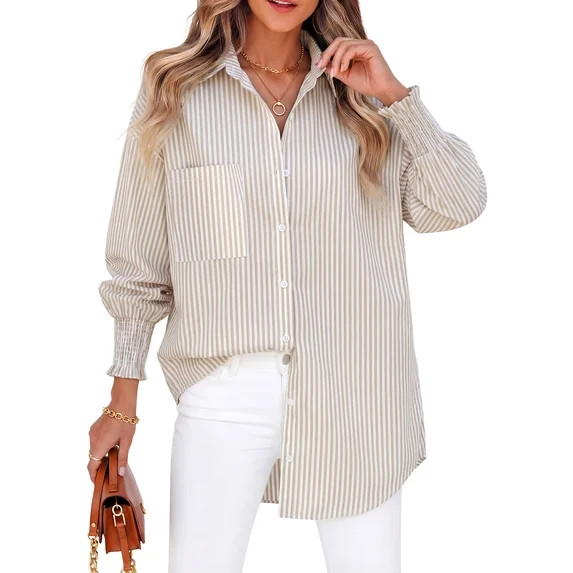 Fantaslook Striped Button Down Shirts for Women Smocked Cuffed Trendy Blouse Causal Long Sleeve T... | Walmart (US)