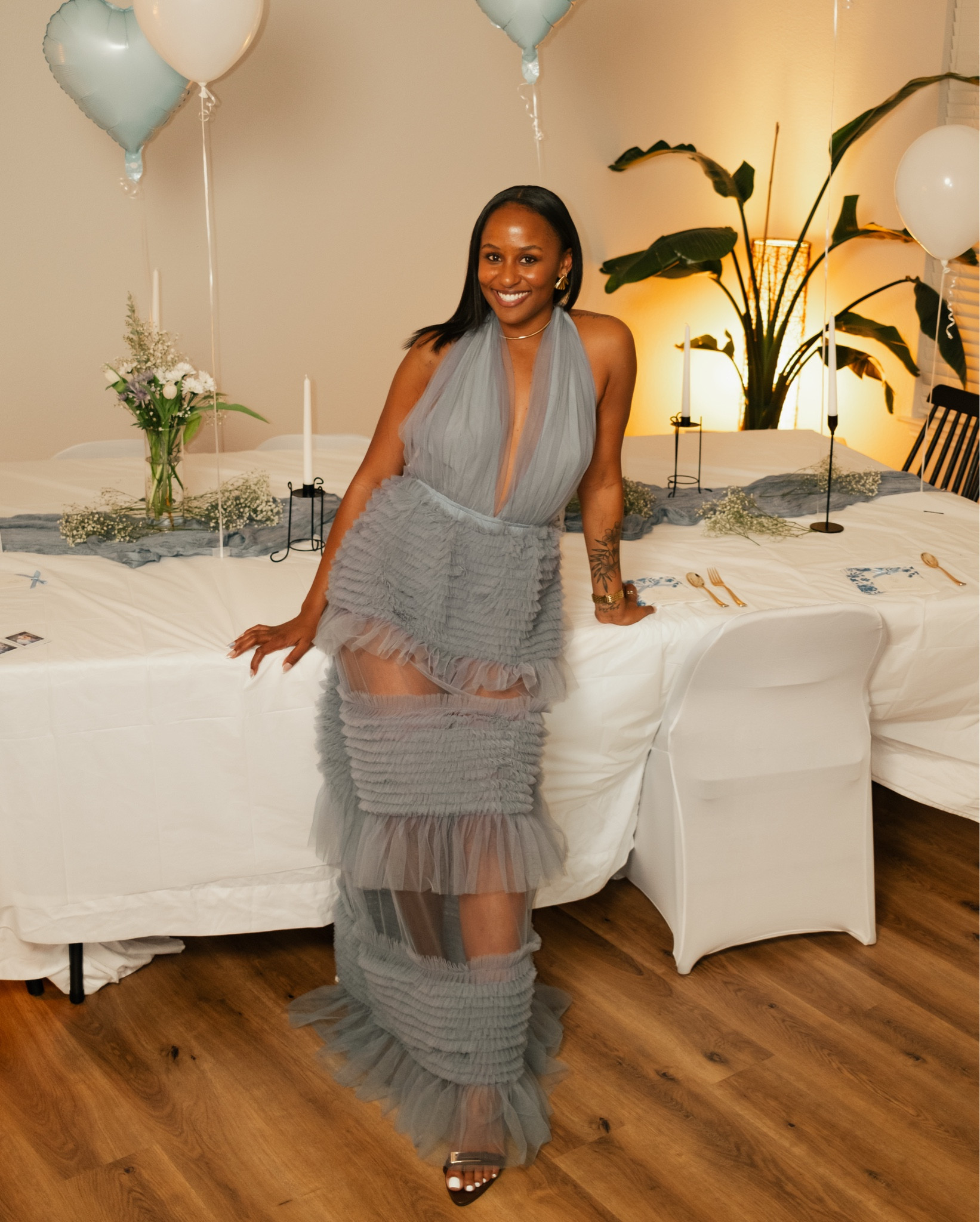 maxi dress I wore for my bridesmaids proposal brunch 🩵✨ this is also the perfect baby shower or wedding guest dress! the back is EVERYTHING!!! 

#LTKBump #LTKWedding #LTKParties