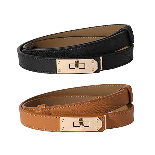 Ovekaut Women Skinny Leather Belt,Solid Color Alloy Turn Lock Adjustable Belt,Ideal for Dresses Jeans Coats Belt (Black+caramel) | Amazon (US)