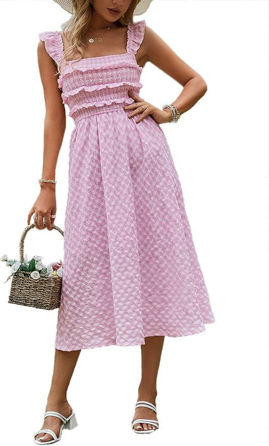 BerryGo Women's Striped Linen Square Neck Long Dress Elegant Eyelet Ruffle Cap Sleeves Midi Dress | Amazon (US)