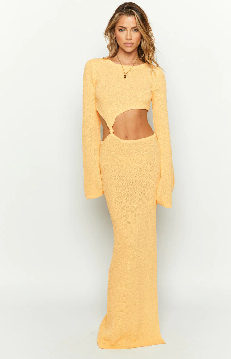 Arya Yellow Long Sleeve Knit Maxi Dress | Beginning Boutique (US)