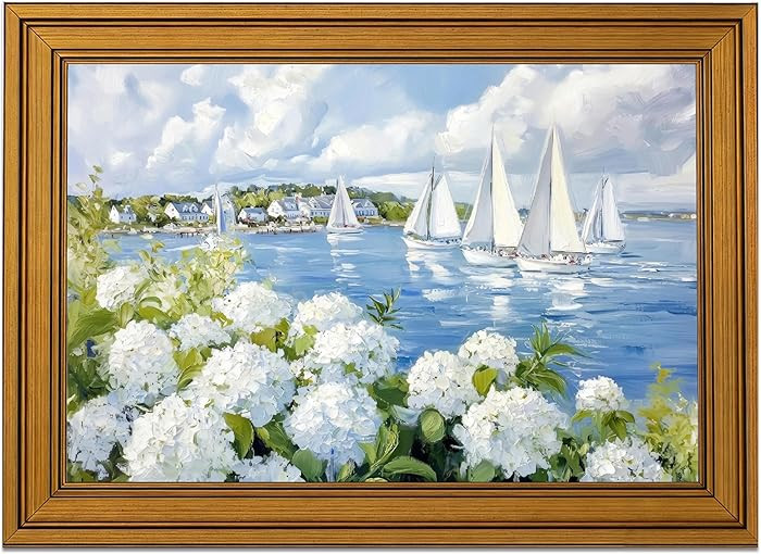 Vintage Gold Framed Coastal Wall Art, Sailboat Seascape Wall Decor, White Hydrangea Painting Pict... | Amazon (US)