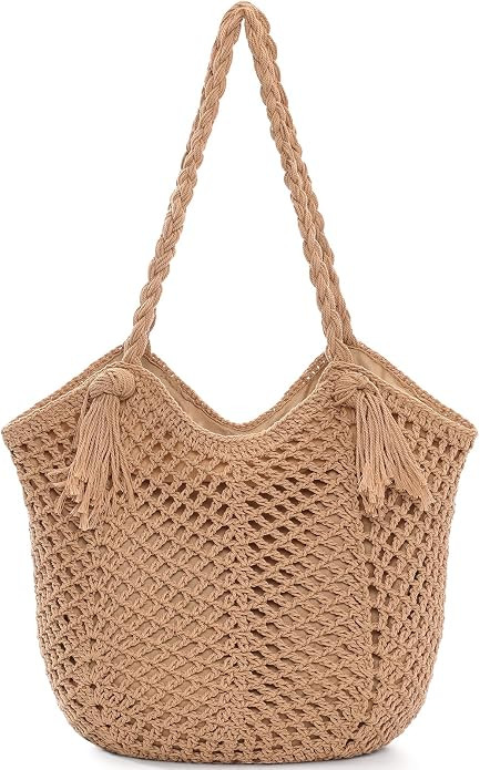 Pleneal Crochet Beach Bag Purse Summer Woven Tote Shoulder Bag with Lining | Leak-Proof Lining, Z... | Amazon (US)
