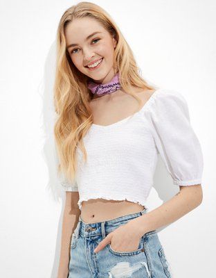 AE Solid Smocked Sweetheart Neck Top | American Eagle Outfitters (US & CA)
