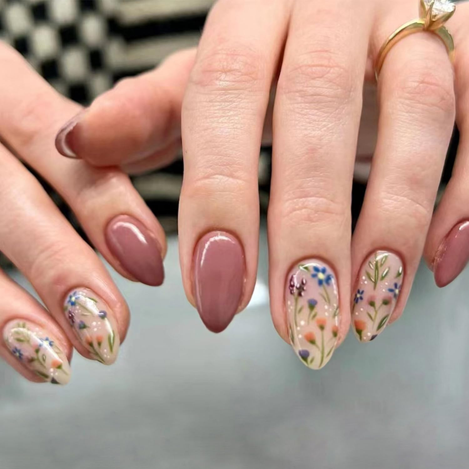 Almond Press on Nails Short Fake Nails with Fall Flower Design Glossy False Nails Acrylic Nails F... | Amazon (US)