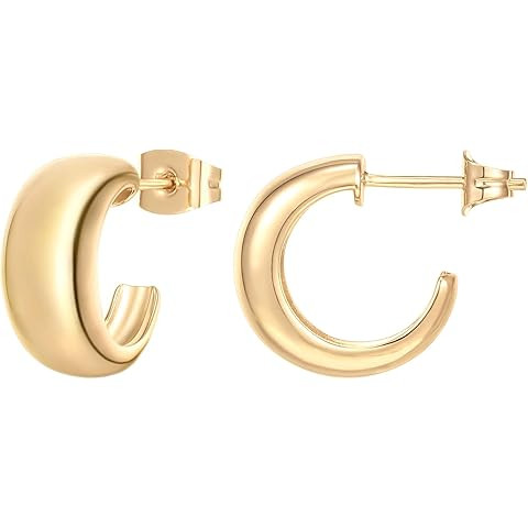 PAVOI 14K Gold Plated Ribbed Hoop Earrings for Women - Chunky Ridge Statement Earrings - Boho Puf... | Amazon (US)